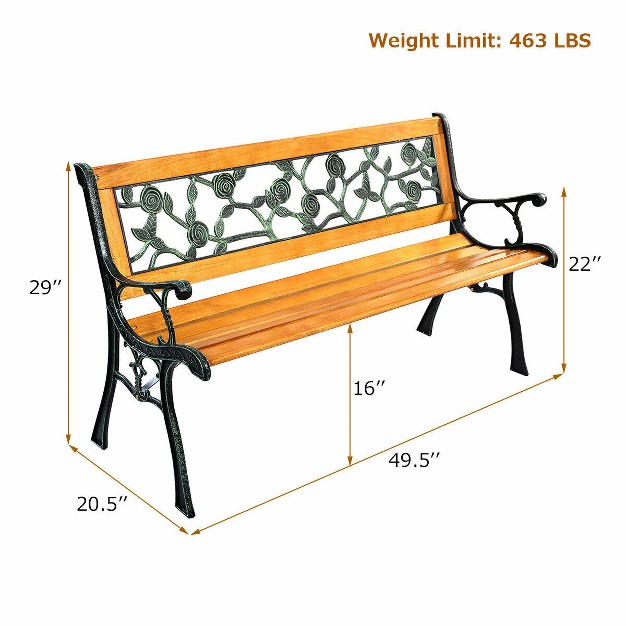 Costway Patio Park Garden Bench Porch Chair Outdoor Deck Cast Iron Hardwood Rose