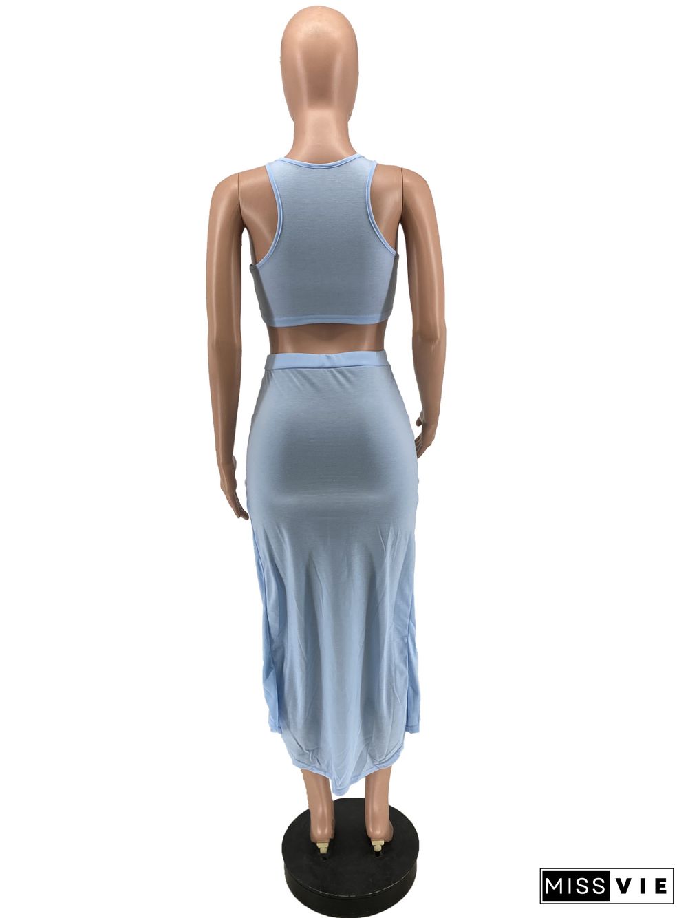 Crop Tank Tops+Split Midi Ruched Bodycon Skirt Sets