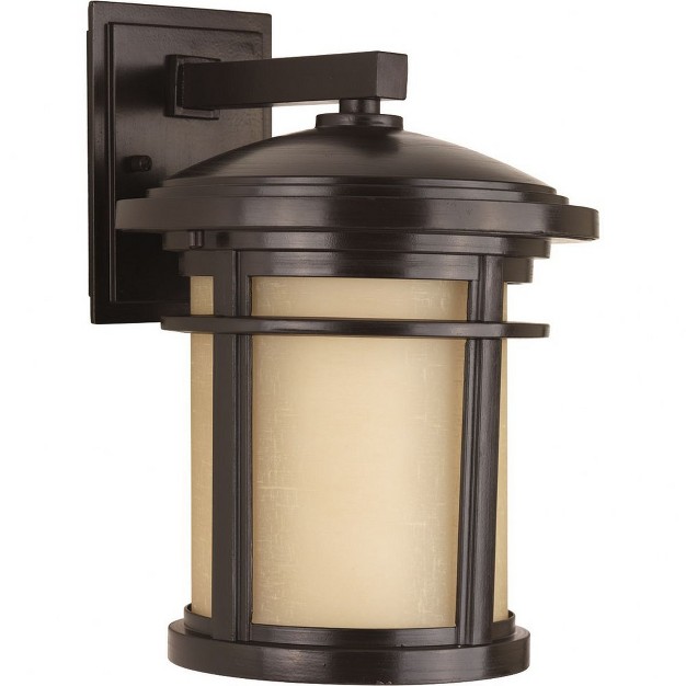 Progress Lighting Wish Collection 1 light Medium Wall Lantern In Antique Bronze With Etched Umber Linen Glass Shade