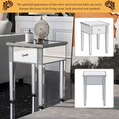 Mirrored End Table, Crystal End Table with 1 Drawer, Mirror Accent Silver Table with Adjustable Height Legs for Living Room