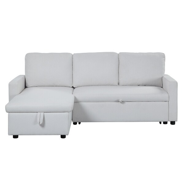 White Fabric Wooden Sleeper Sectional Sofa with Storage， Loveseat with Pull-Out Bed， Reversible， Plastic Legs