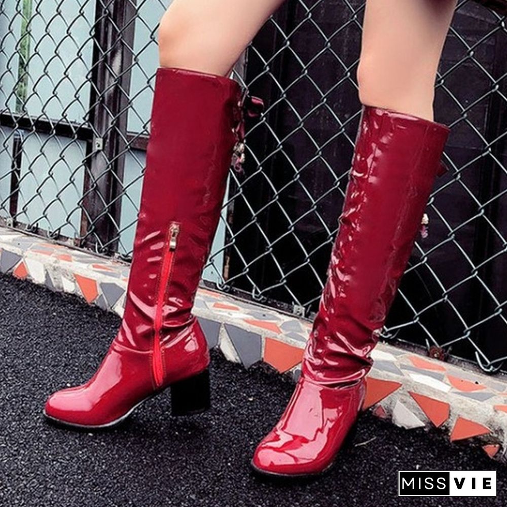 Women Knee High Boots Patent Leather Shoes Chunky Mid Heel Winter Boots Spring Autumn Fashion Plus Size