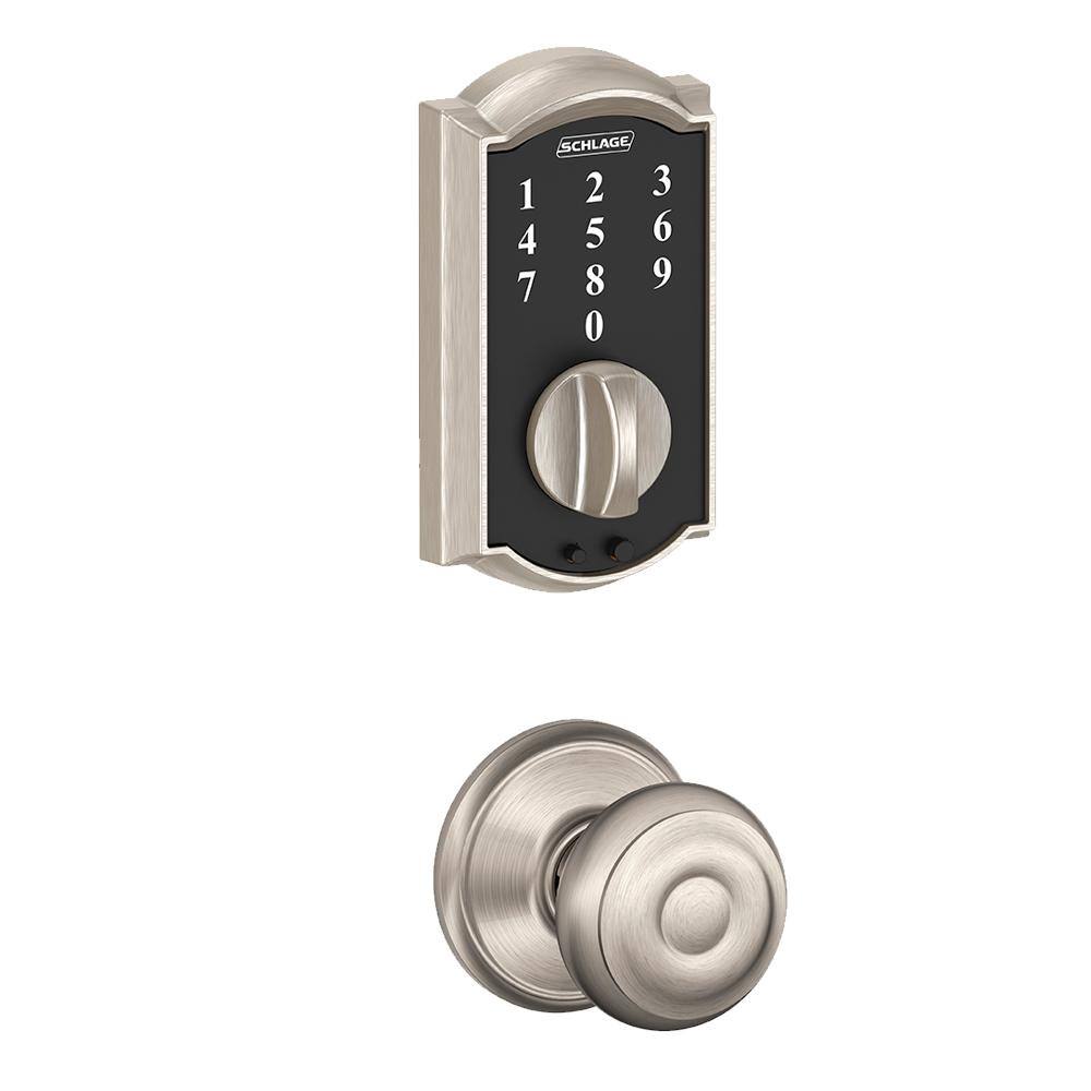 Schlage Camelot Satin Nickel Touch Electronic Keypad Door Lock Deadbolt and Georgian Knob BE375 CAM F10 GEO 619