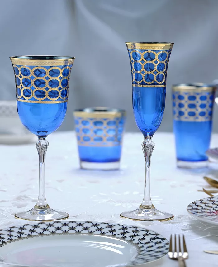 Lorren Home Trends Cobalt Blue Red Wine Goblet with Gold-Tone Rings Set of 4