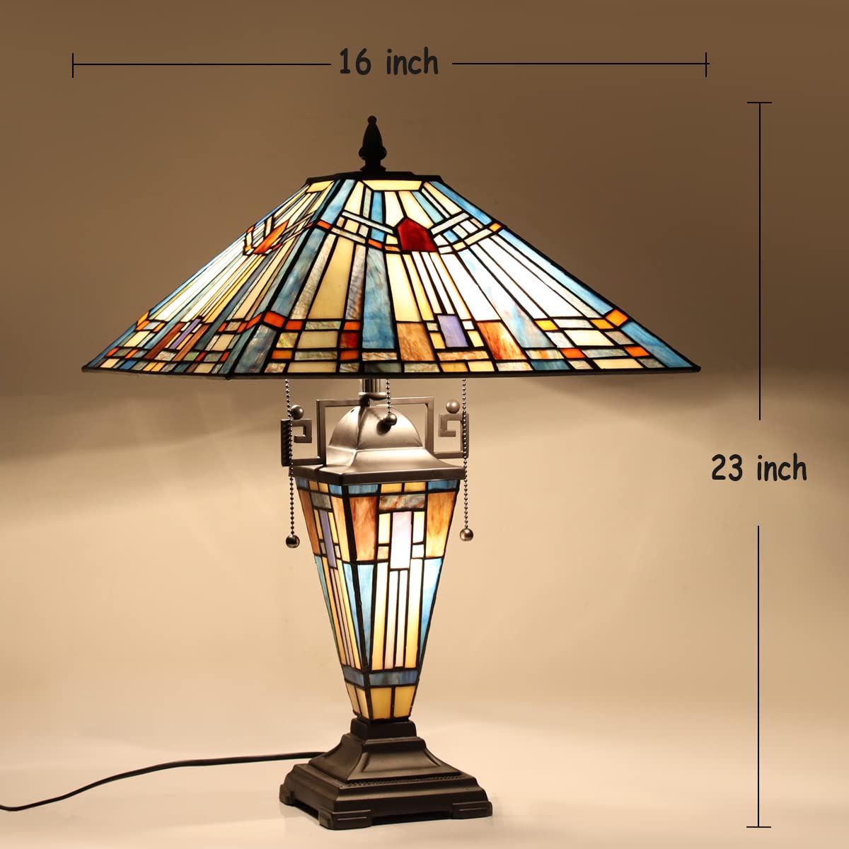 Vinplus  Table Lamp Night Light 16" Wide Handmade Stained Glass Lamp Shade 3 Light Blue Mission Style Vintage Table Lamp