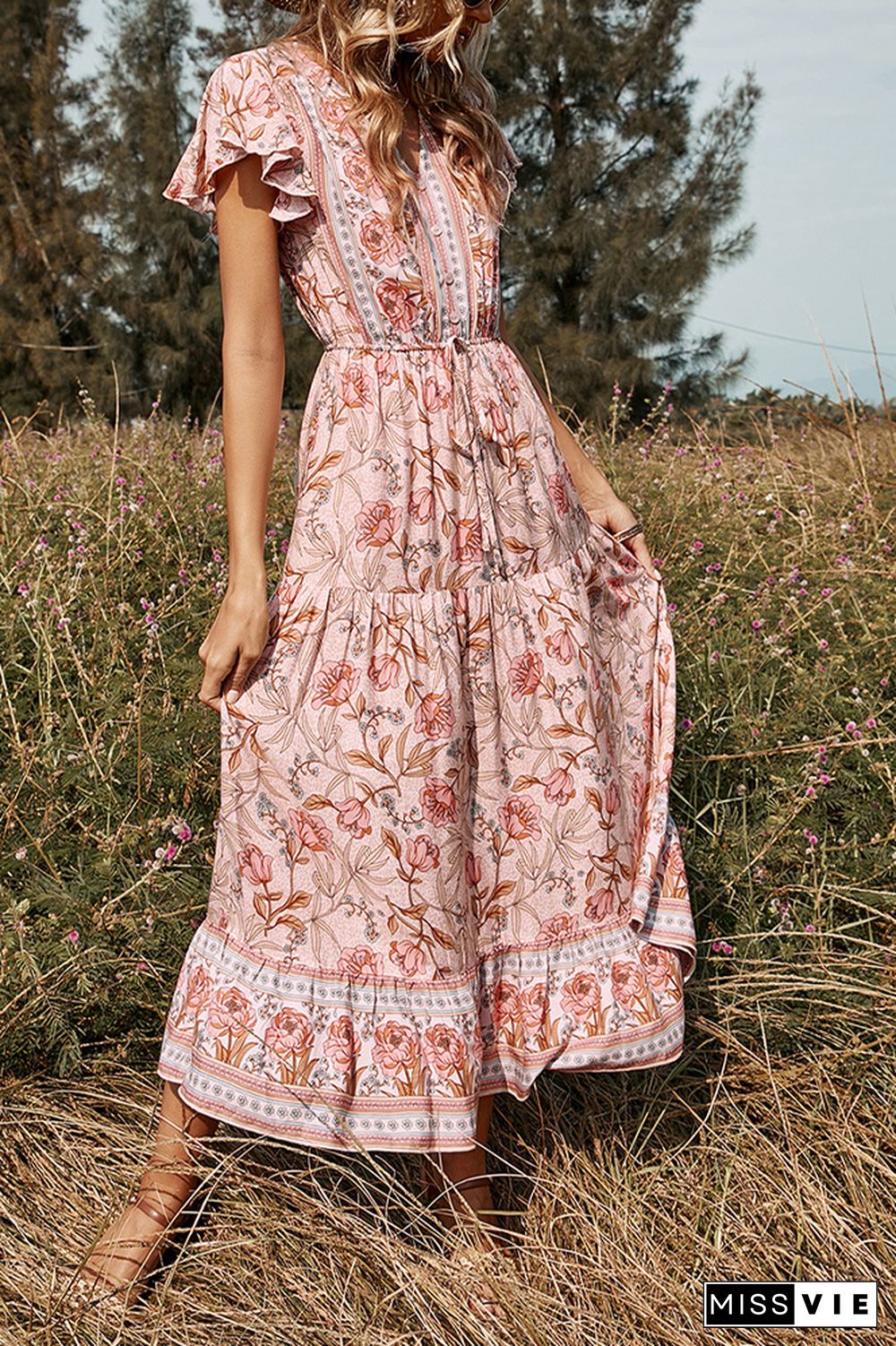 Ruffled Sleeve V Neck Maxi Floral Dress Wholesale