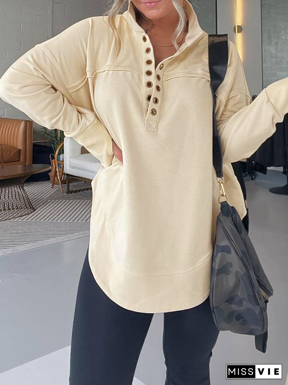 Solid Eyelet Design Irregular Hem Sweatshirt