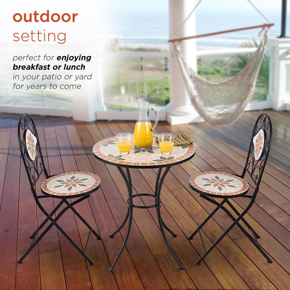 Alpine Corporation Indoor/Outdoor 3-Piece Mosaic Bistro Set Folding Table and Chairs Patio Seating, Tan JFH918A