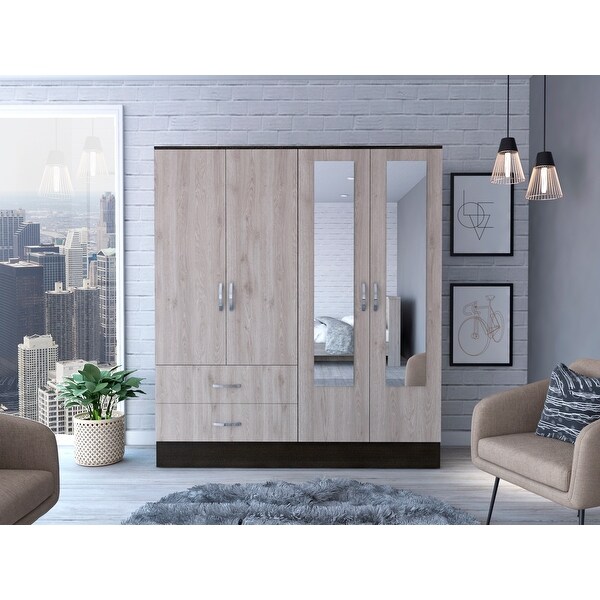 FM FURNITURE Florencia Mirrored New Vintage Armoire with Two Cabinets With Divisions and Two Drawers - - 33834917