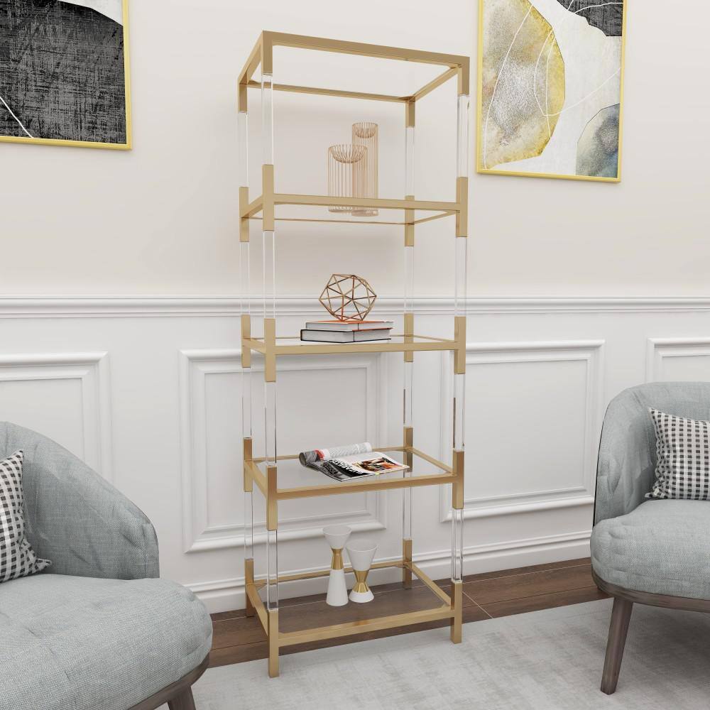 Litton Lane 5 Shelves Acrylic Stationary Gold Shelving Unit with Clear Glass Top and Acrylic Legs 56936