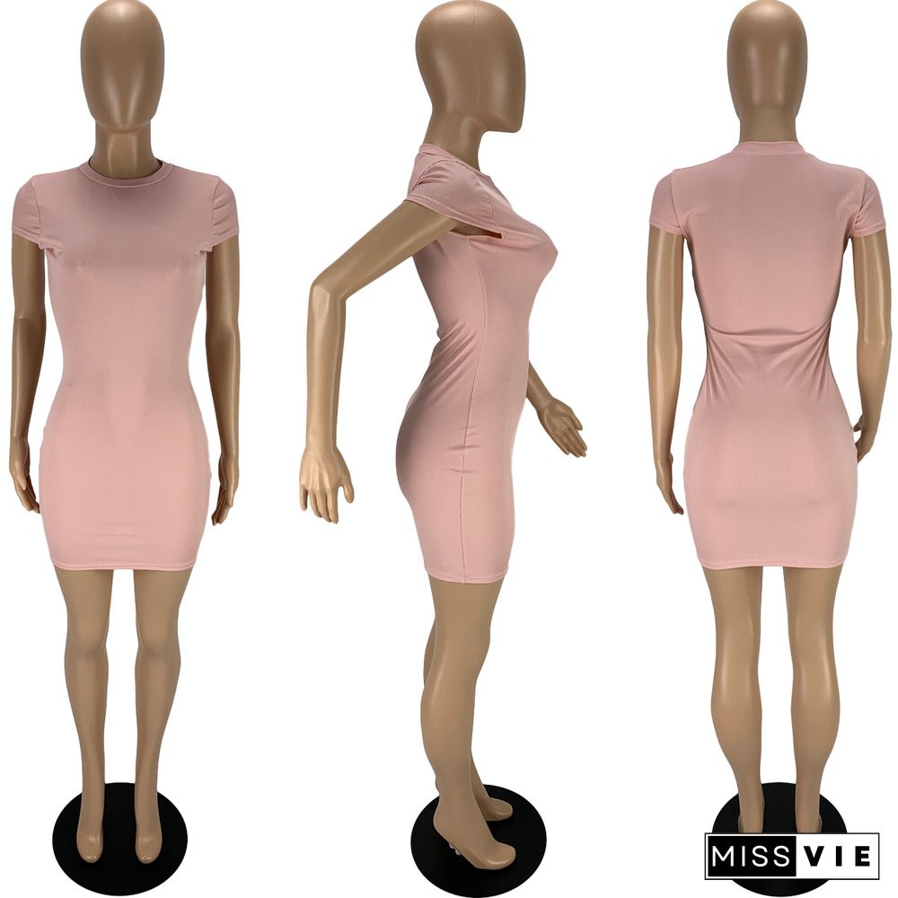 Solid Color Women Summer Short Sleeve Round Neck Fashion Sheath Mini Bodycon Dress