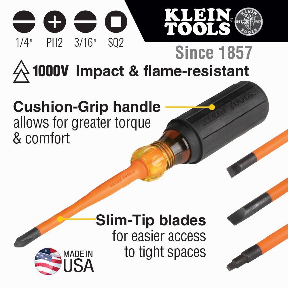 Klein Tools Screwdriver Set Slim-Tip Insulated Phillips Cabinet Square 4-Piece 33734INSR