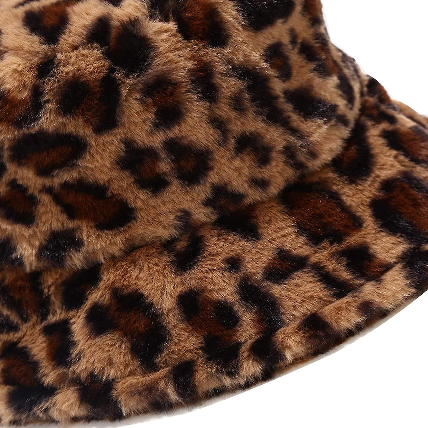 Winter Faux Fur Bucket Hat Fluffy Warm Hat For Women Men Small Leopard Pink -