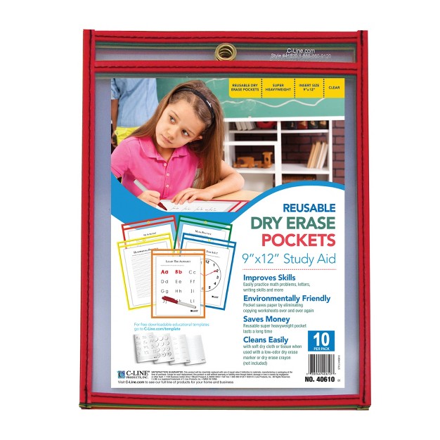 C line Reusable Dry Erase Pockets Primary Colors 9 X 12 Pack Of 10