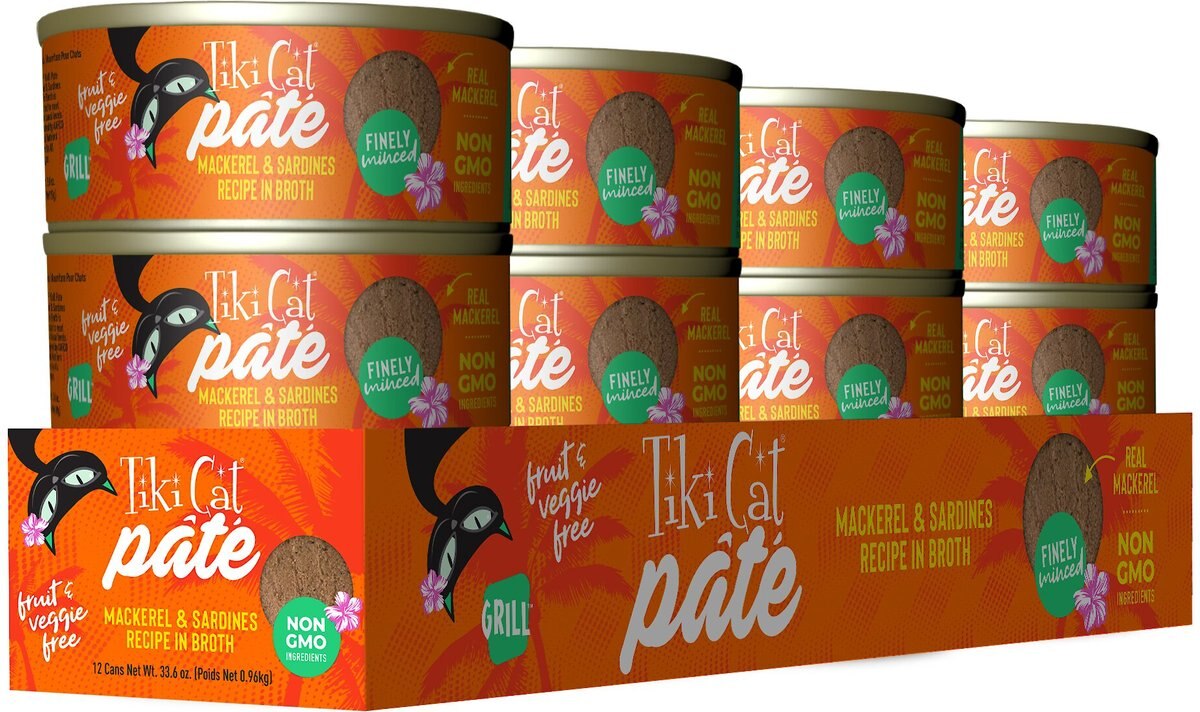 Tiki Cat Pate Mackerel and Sardines Recipe in Broth Wet Cat Food， 2.8-oz， case of 12