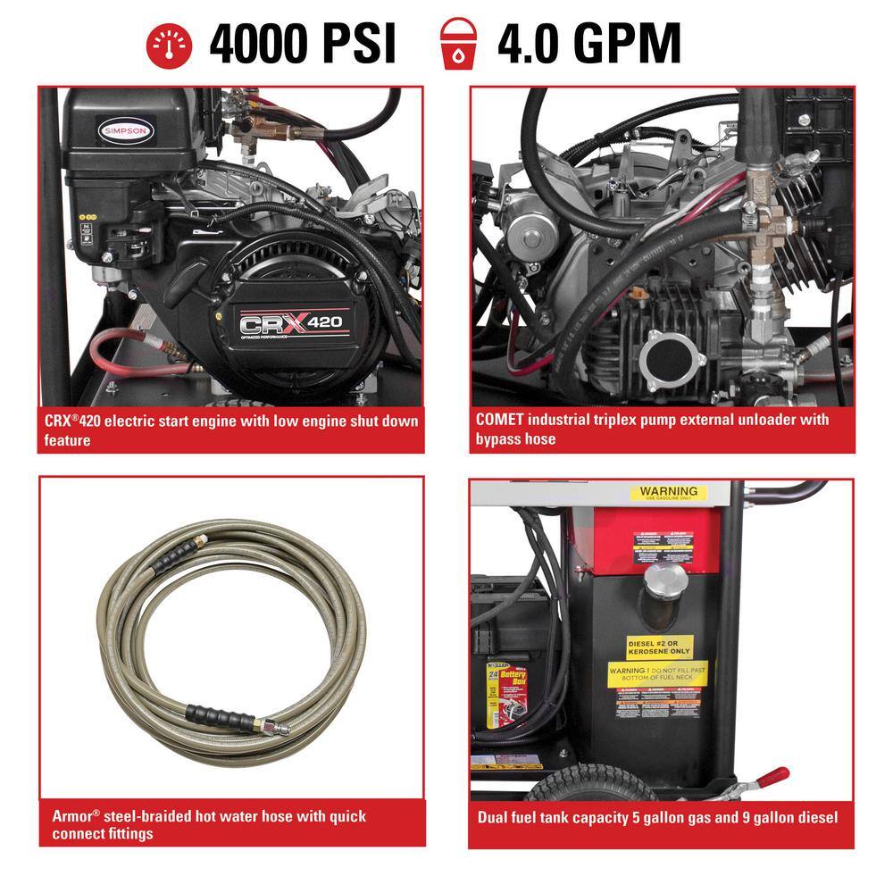 SIMPSON 4000 PSI at 4.0 GPM CRX 420 (49 State) with Comet Industrial Triplex Pump Hot Water Professional Gas Pressure Washer 65129