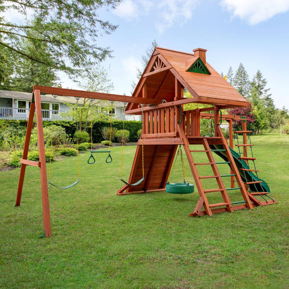 Gorilla Playsets Sun Palace II Wooden Outdoor Playset with Monkey Bars Wave Slide Rock Wall and Backyard Swing Set Accessories 01-0013