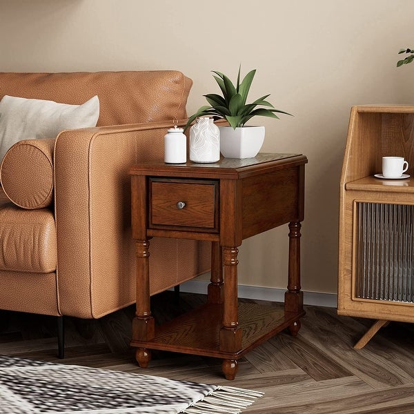 End Table with Drawer， Solid Wood 2 Tier End Side Table