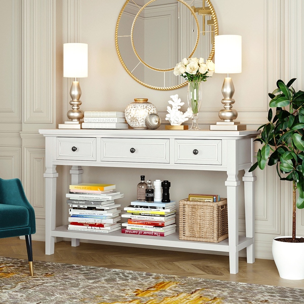 Classic Retro Style Console Table with 3 Top Drawers and Bottom Shelf