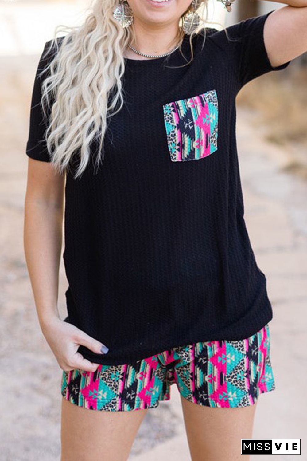 Black Aztec Pocketed Tee and Shorts Set