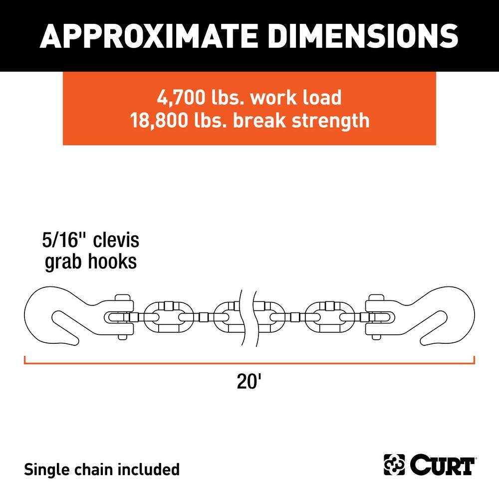 CURT 20' Transport Binder Safety Chain with 2 Clevis Hooks (18800 lbs. Yellow Zinc) 80307