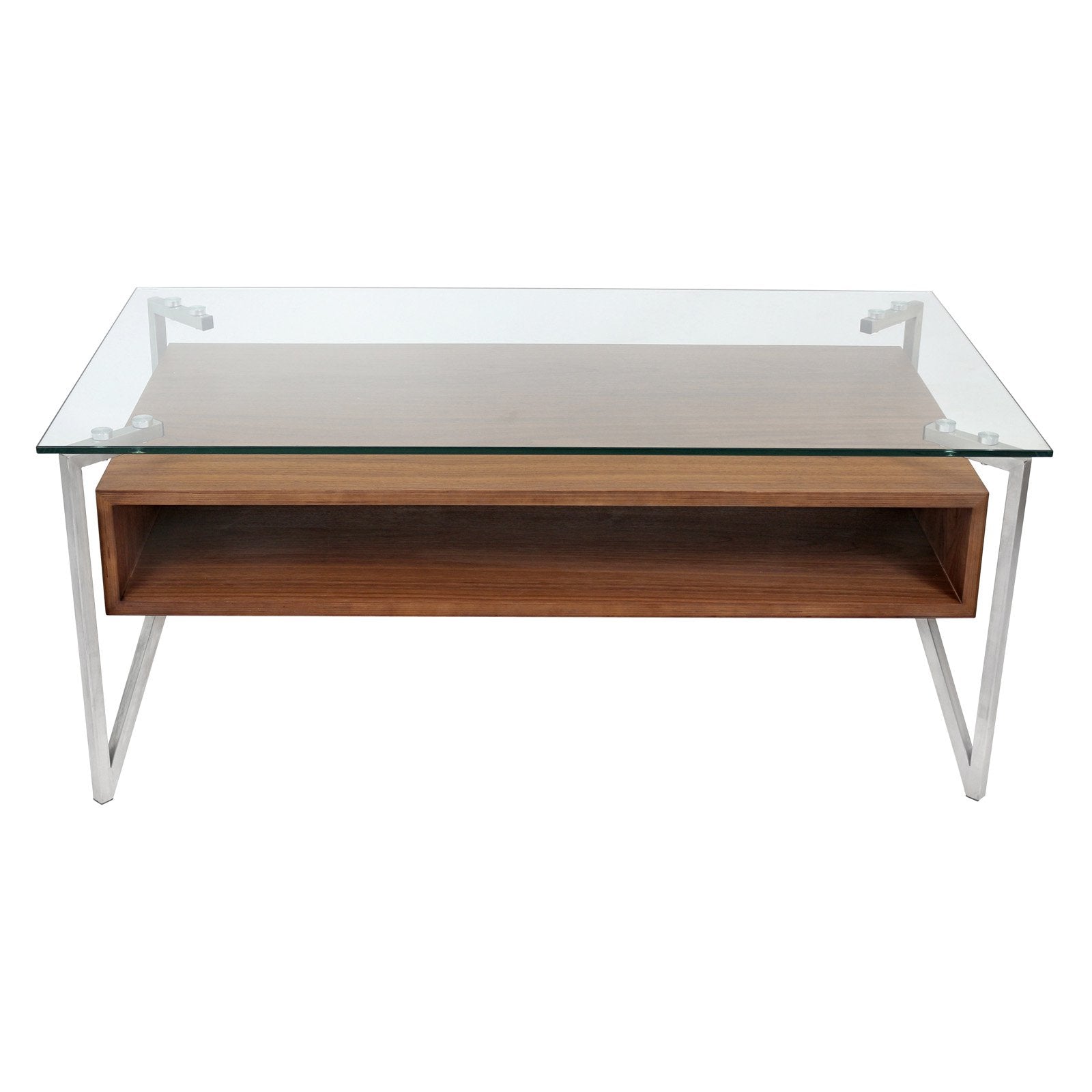 Hover Contemporary Coffee Table with Brushed Stainless Steel Frame, Walnut Wood Shelf, and Clear Glass Top