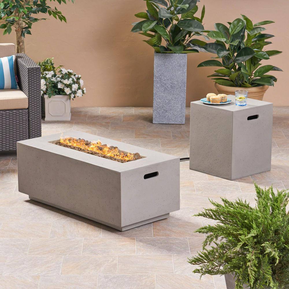 Noble House Zachary 40 in. x 15 in. Rectangular Concrete Propane Fire Pit in Light Gray with Tank Holder 42899