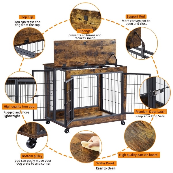 End Table Dog Cage with Double Doors on Casters