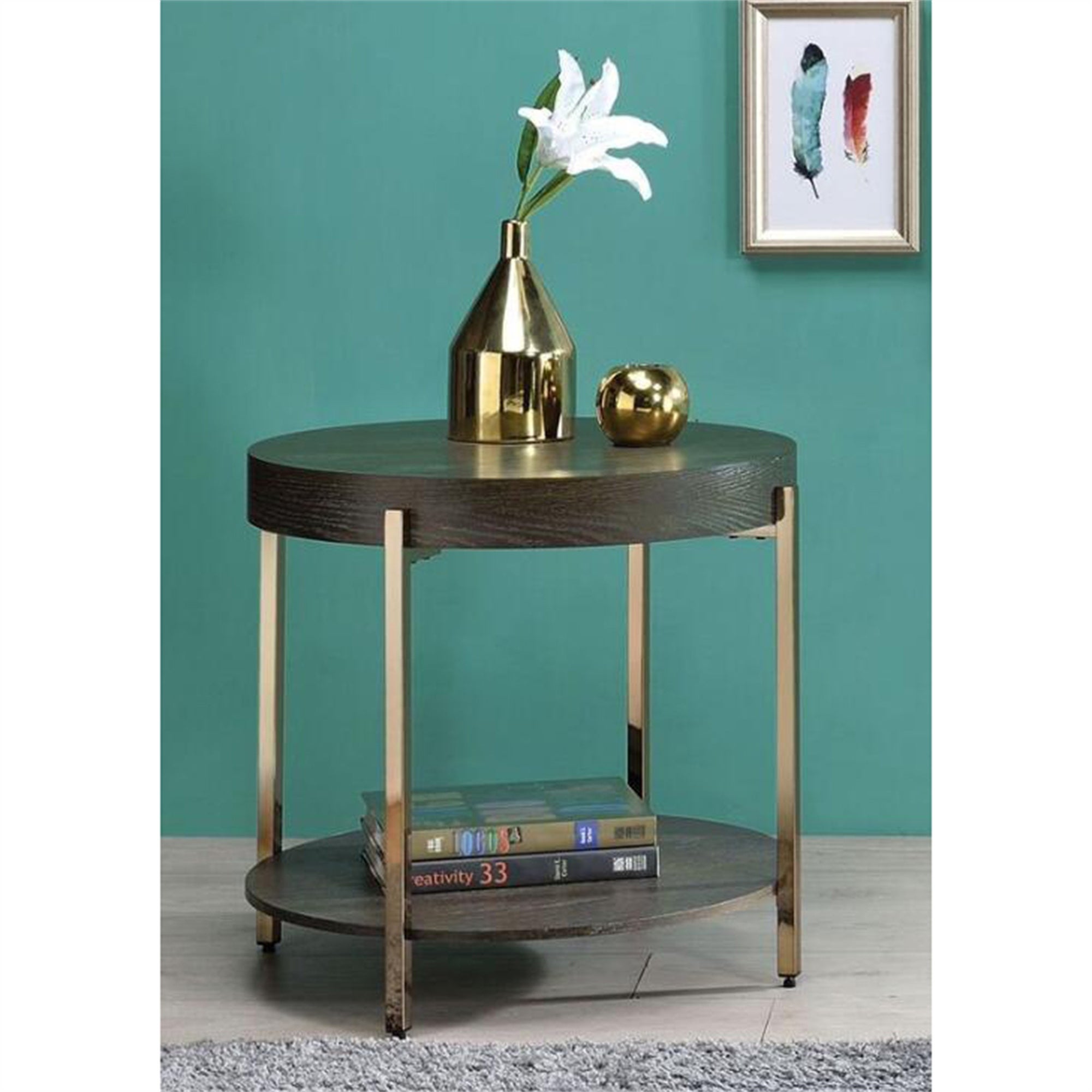 End Table， 2-Tier Coffee Table Sofa Table Dark Oak and Champagne Finish