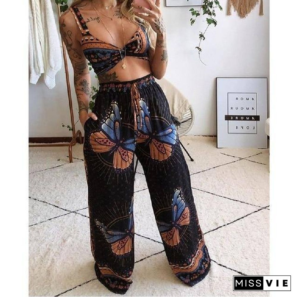 2 Pecs Suit Summer Tracksuit Sets Womens Outfits Boho Beach Style Print Underwear Loose Wide Leg Pants Ropa Mujer Подходить New