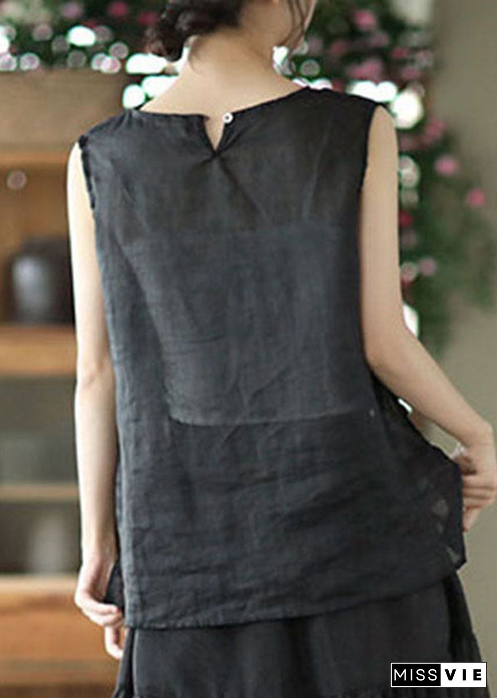 Plus Size Black Embroideried Linen Tank Tops Sleeveless