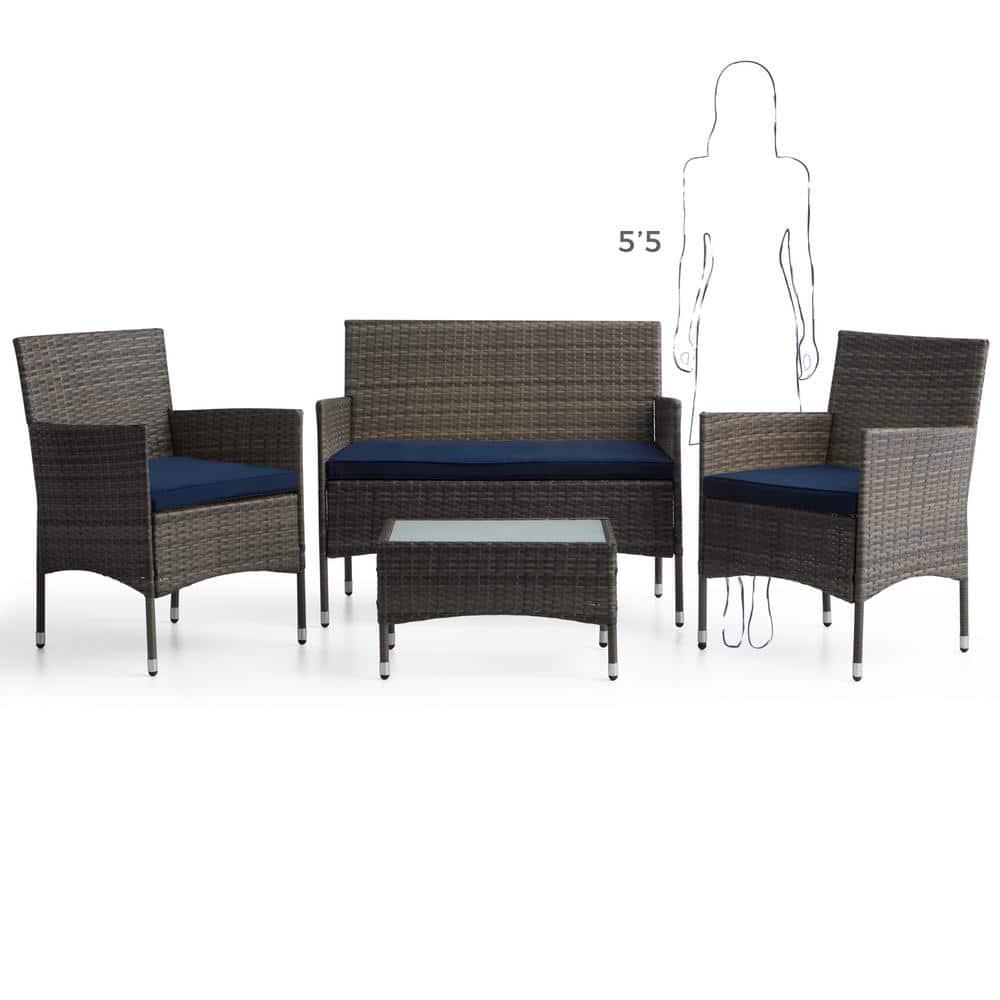 Brookside Iris Gray 4Piece Rattan Outdoor Conversation Seating Set and Patio Table with Navy Cushions