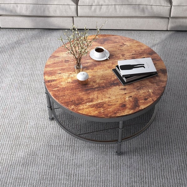 2-Tier Single Panel Round Coffee Table with Metal Frame and Mesh