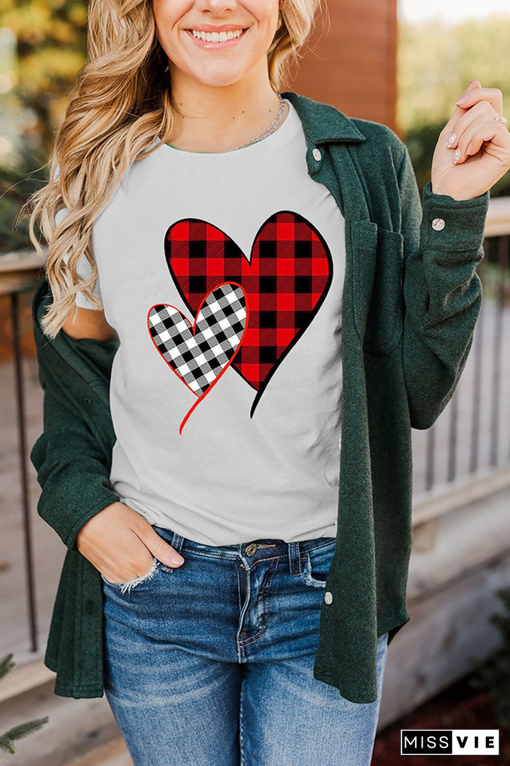 Valentine's Day Plaid Heart Print Short Sleeve Graphic Tee Wholesale