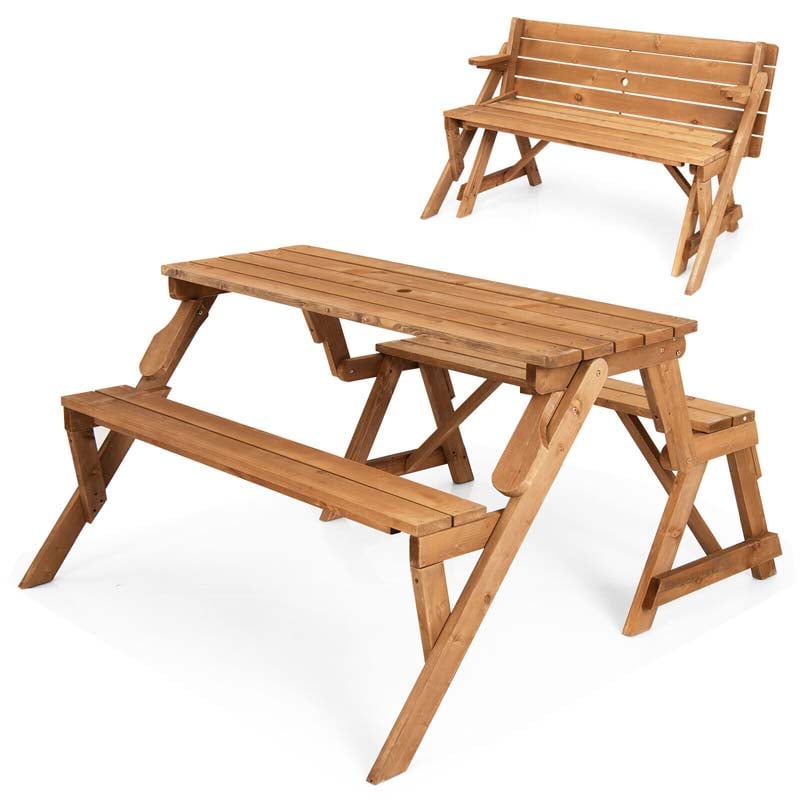 2-in-1 Convertible Wooden Picnic Table Garden Bench, Outdoor Folding Picnic Bench Set with Umbrella Hole