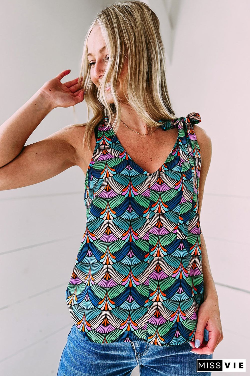 Blue Printed Knotted Shoulder Tank Top