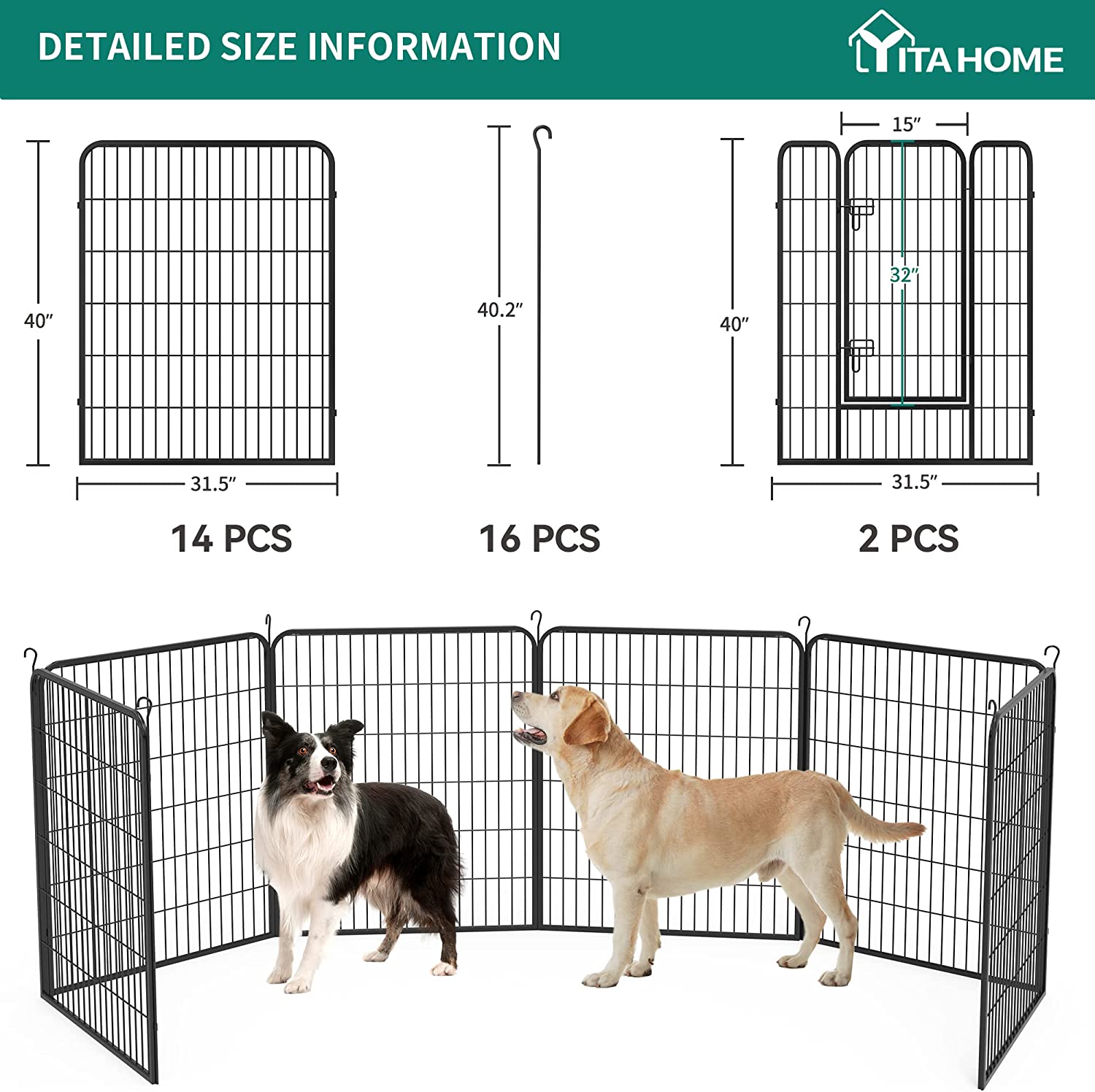 YITAHOME 16 Pcs Metal Panel Decorative Garden Fence 40 inch Tall Multi-Purpose Indoor and Outdoor Animal Barrier Pet Dog Fence with Door for Yard Patio