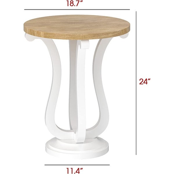 Farmhouse Round End Table， Rustic Wood Side Table for Living Room/Bedroom， White/Natural