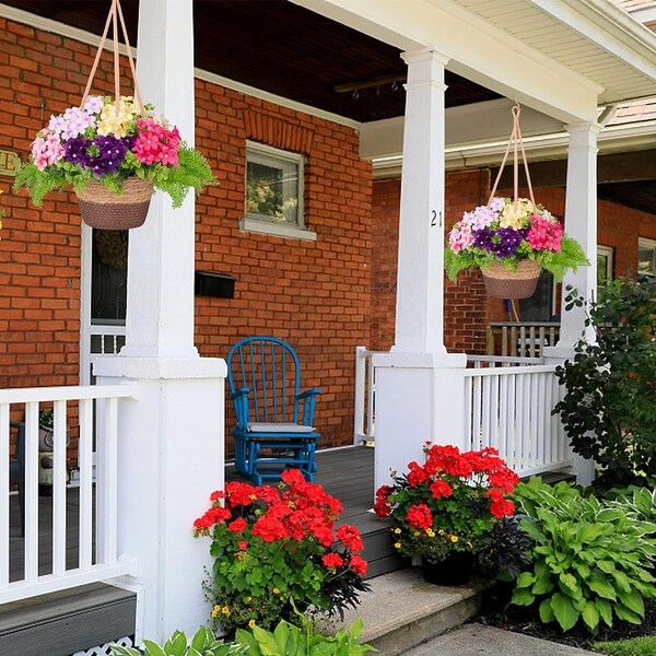 Outdoor Hanging Flowers 8 Artificial Fake Flowers UV Resistant Bougainvillea Plants，Faux Plastic Greenery Hanging Plants