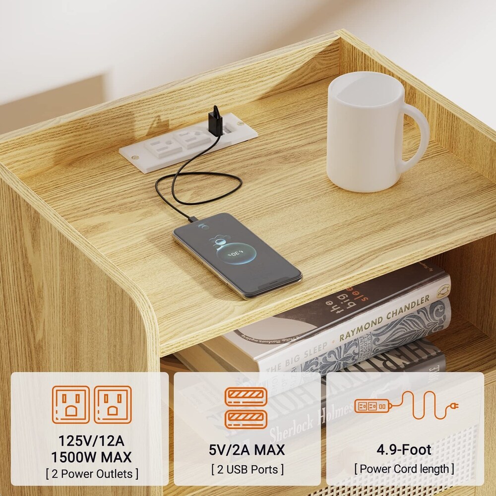 Nightstand with Charging Station   Rattan Like Decor Drawer  Rattan End Table with Solid Wood Feet  Bed Side Table