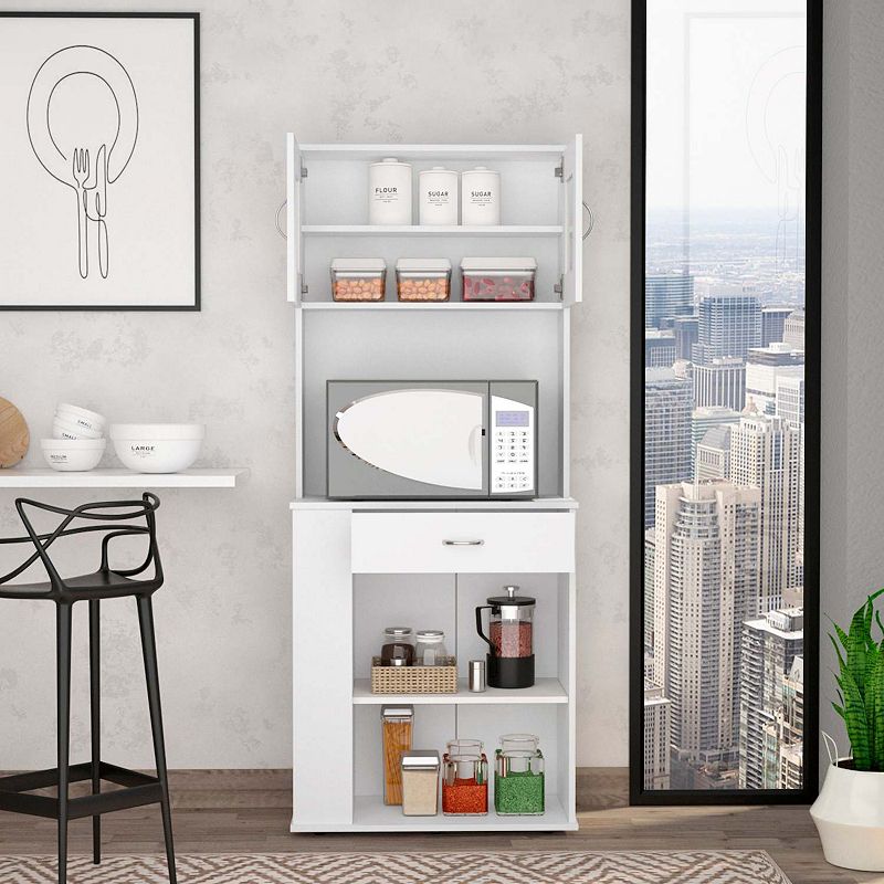 Poole Pantry Cabinet， Three Side Small  Shelves， One Drawer， Double Door Cabinet， Four Adjustable Metal Legs