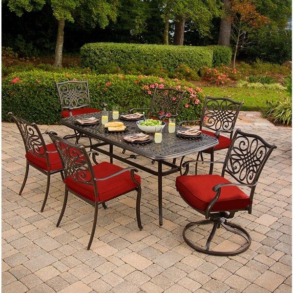 Cambridge Seasons 7Piece Dining Set in Red with 2 Swivel Rockers，4 Dining Chairs，and a 72In. x 38In. Casttop Table