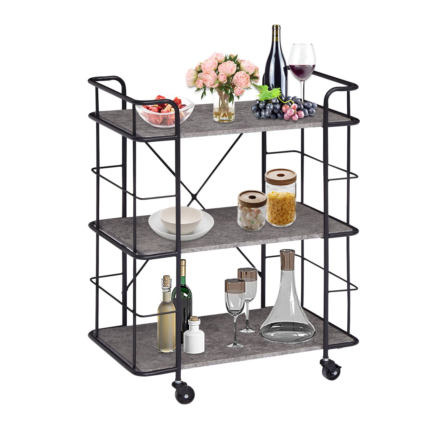 Kinbor 3 Tier Kitchen Island Serving Bar Cart Storage Rolling Serving Trolley Cart with Locking Wheels