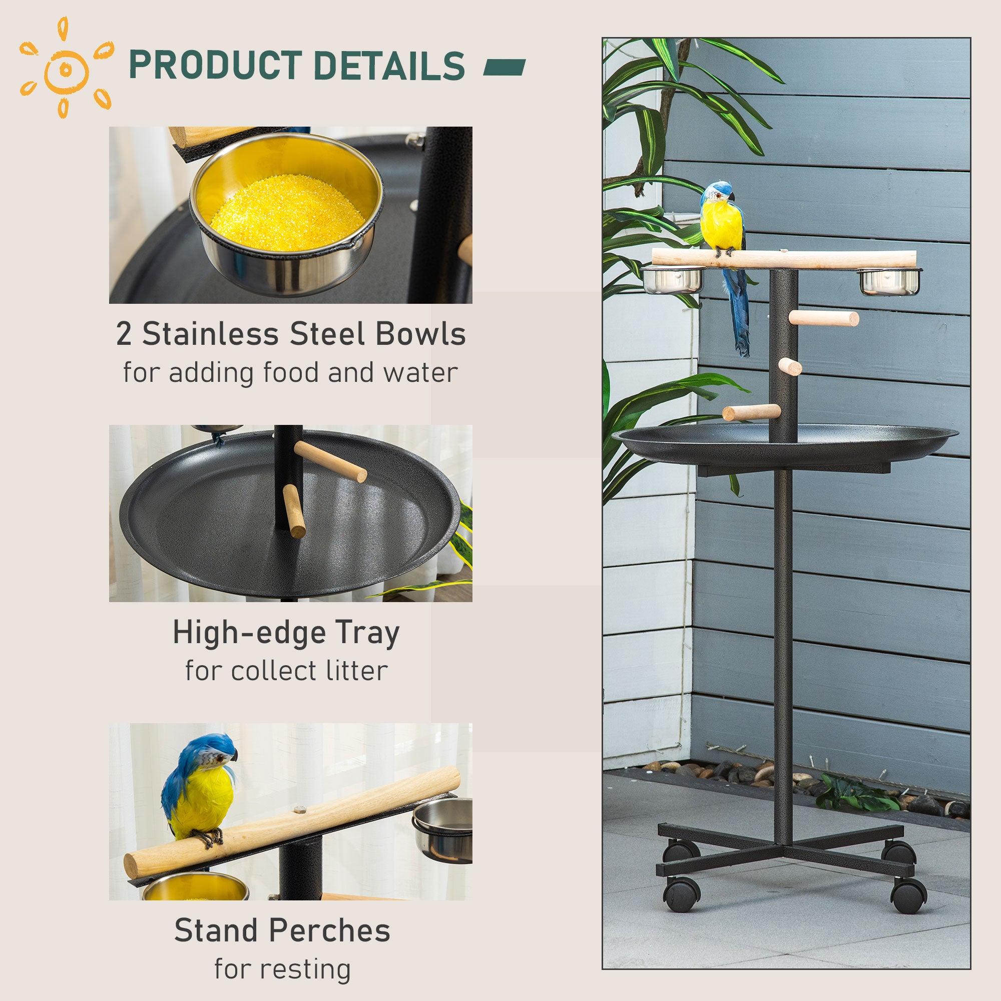 PawHut Bird Play Stand， Portable Parrot Perch， Bird Feeder Station， with Four Wheels， Stainless Steel Feeding Bowls， Round Tray， Grey