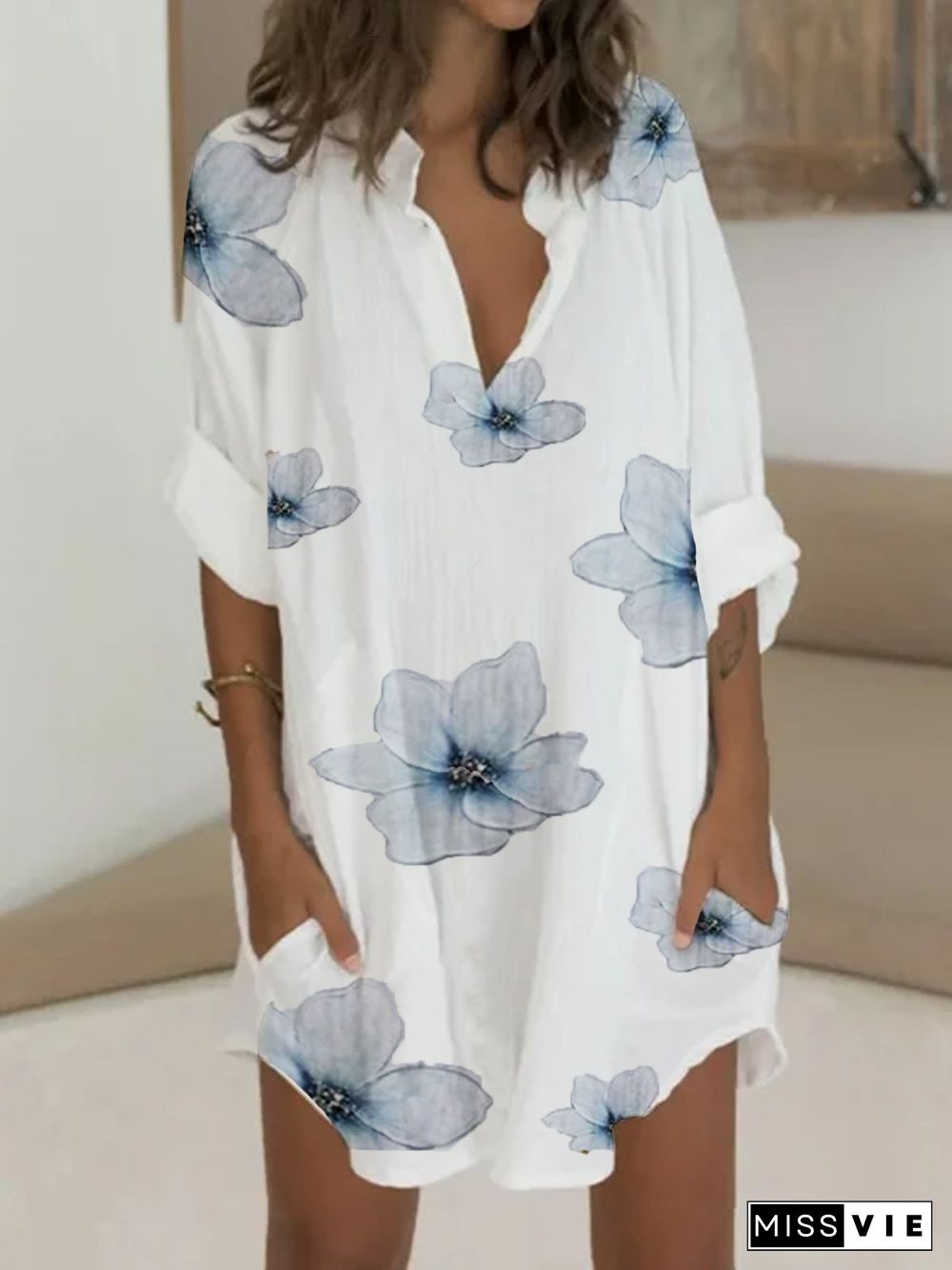 Floral Floral-Print Long Sleeve Simple Weaving Dress