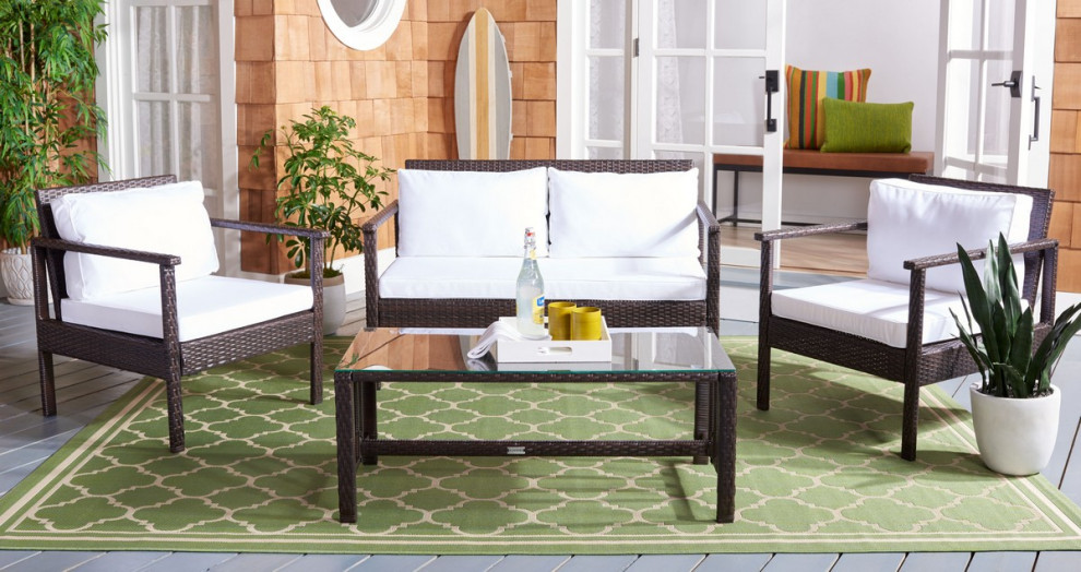 Safavieh Outdoor Garnen 4 Piece Living Set Brown/White Cushion   Tropical   Outdoor Lounge Sets   by Safavieh  Houzz