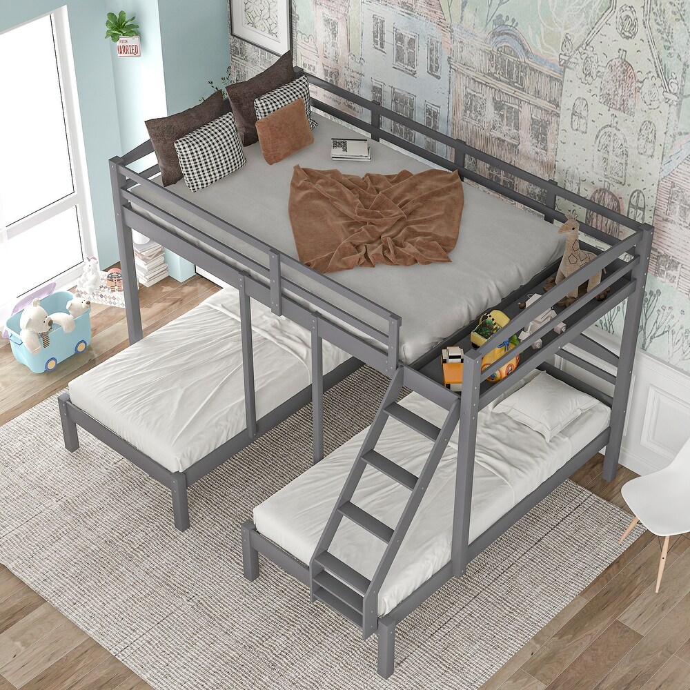 Gray Full over Twin   Twin Bunk Bed Triple Bunk Bed with Drawers