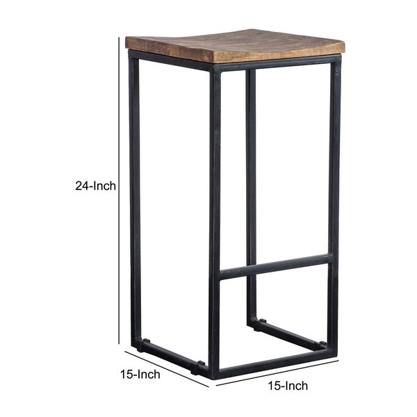 Iron Base Counter Height Stool with Wooden Saddle Seat， Brown and Black