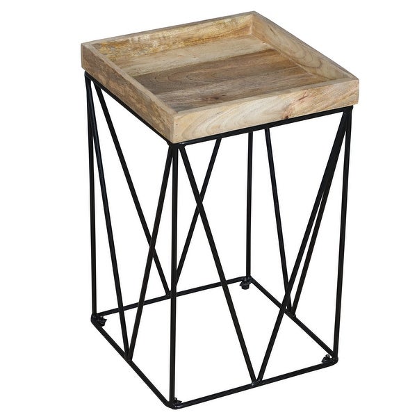 24 Inch Industrial End Side Table， Mango Wood Square Tray Top， V Shape Iron Accent， Brown， Black