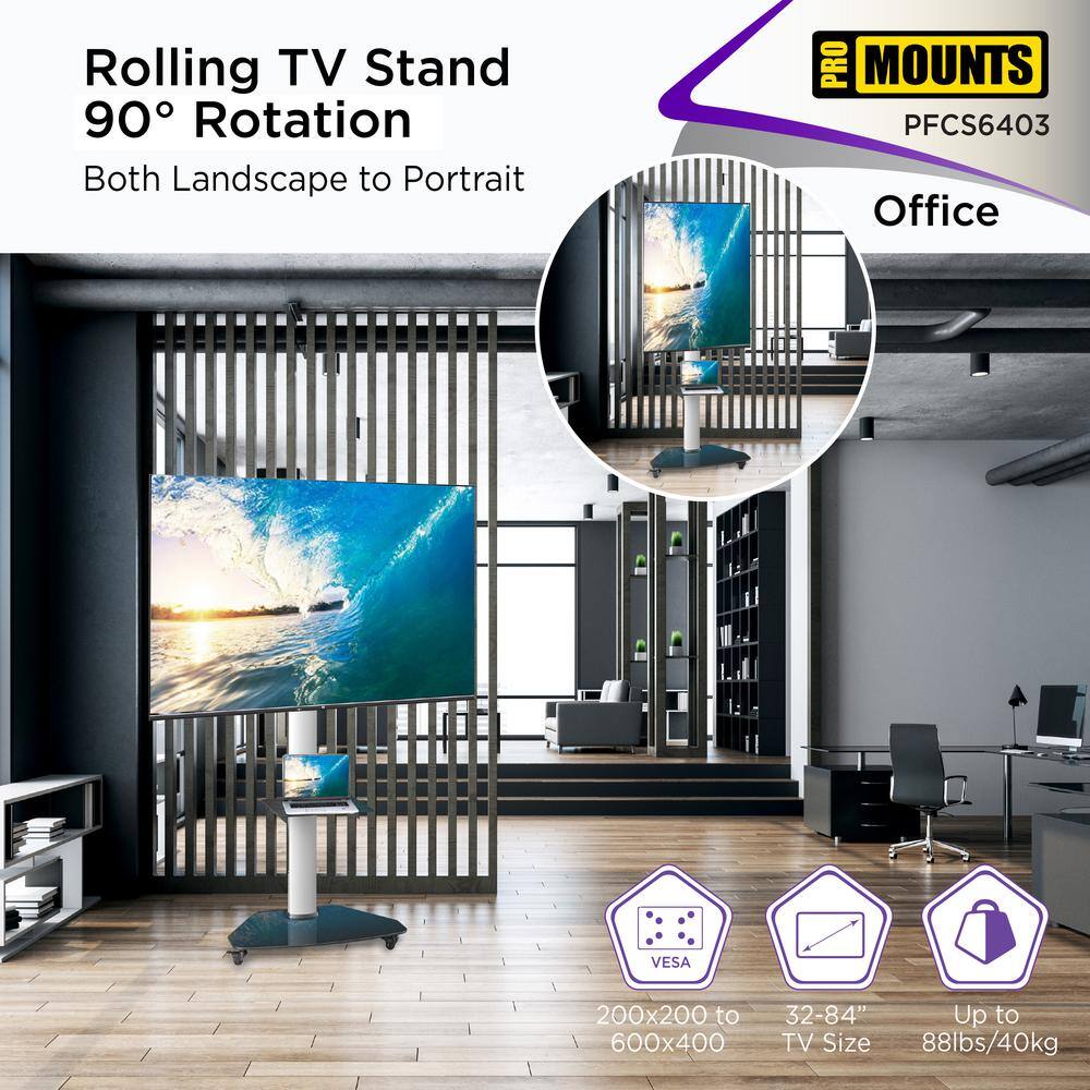 ProMounts Rolling TV Floor Stand Mount For 32-80 In. Height Adjustable Portrait to Landscape TV Cart PFCS6403